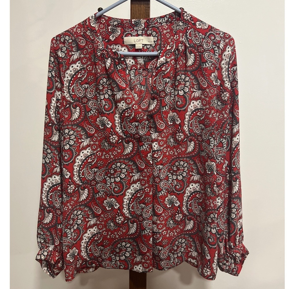 LOFT Petites Red Paisley LS Split Neck Blouse MP Modest Fall Boho Office Lightwt